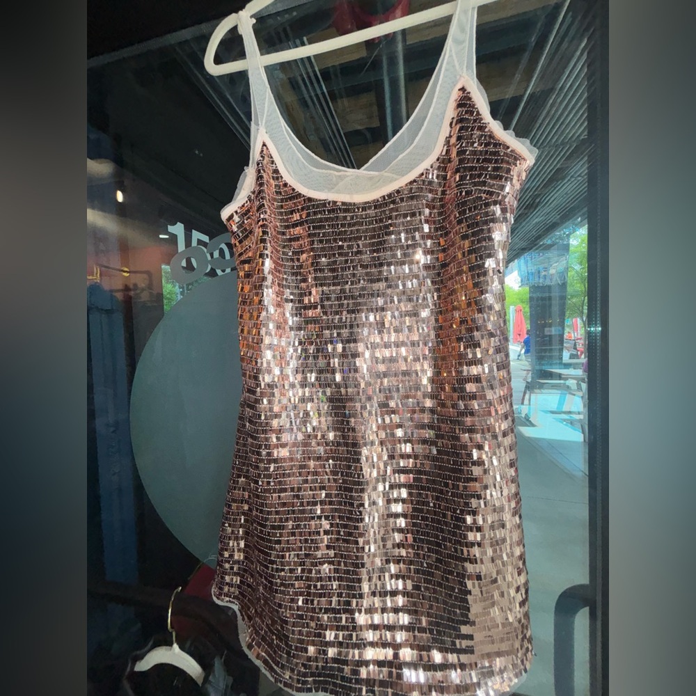 Free People Disco Love Sequin Fringe Beaded Mini Dress Slip Gold Sequin Mesh S